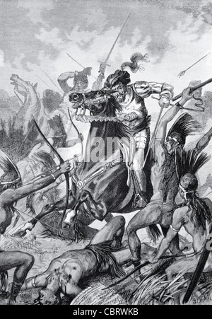 Hernando or Hernan Cortez (1485-1547) Spanish Conquistador Defeating the Aztecs in Battle, 1519, in Mexico. Vintage Illustration or Engraving Stock Photo