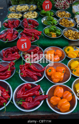 Peppers and other vegetables at Berwick Street market Soho central London England UK Europe Stock Photo