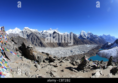 View from Summit of Gokyo-Ri of the Gokyo Village, Valley Glacier and Lake in the Himalayas Stock Photo