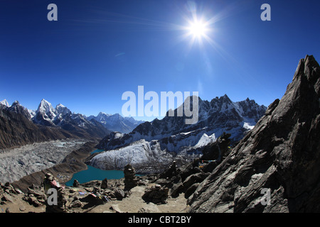 View from Summit of Gokyo-Ri of the Gokyo Village, Valley Glacier and Lake in the Himalayas Stock Photo