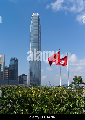 dh International finance centre CENTRAL HONG KONG Chinese flag and Hong Kong flags modern IFC 2 building architecture china tower buildings Stock Photo