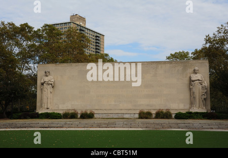 Green grass autumn trees blue grey sky view Brooklyn War Memorial, Cadman Plaza Park, Brooklyn, New York Stock Photo