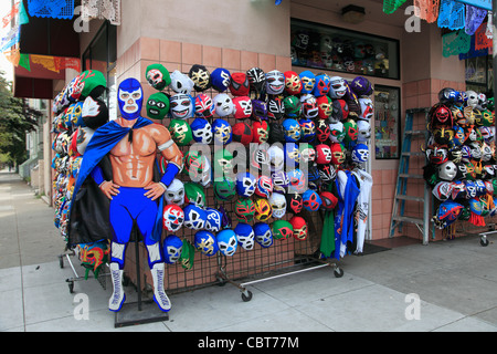Lucha Libre masks, worn by professional wrestlers in Mexico for sale, Mission District, Mission, San Francisco, California, USA Stock Photo