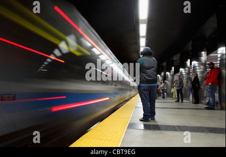 A Blue Line subway train arrives at Maverick Station in Boston Stock Photo