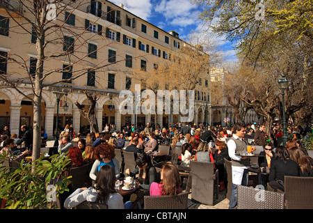 The famous esplanade of Corfu town, called 'Liston' full of people. Corfu (or 'Kerkyra') island, Ionian sea, Greece Stock Photo