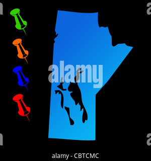 Canadian state of Manitoba travel map with push pins on black background. Stock Photo