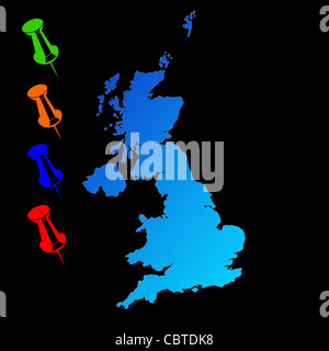 UK or England travel map with push pins on black background. Stock Photo