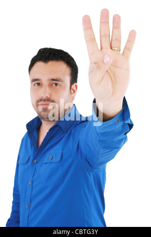 young good looking man with counting fingers against white background, focus on hand Stock Photo