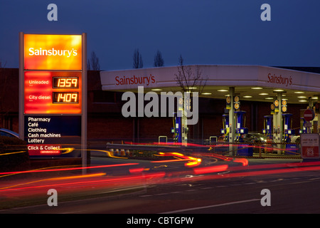 Sainsburys Fuel Garage forecourt at night, england, europe Stock Photo