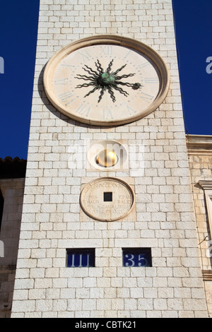 Elaborate clock on the Bell Tower, Luza Square, Dubrovnik, Dubrovnik-Neretva, Dalmatia, Croatia, Balkans, Adriatic Sea, Europe Stock Photo