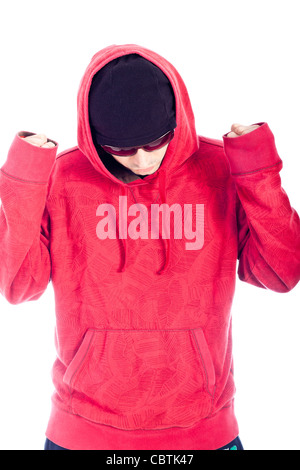 Hip Hop dancer in red hoody posing on white background. Stock Photo
