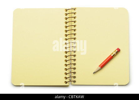 Notebook yellow paper and red pencil. Isolated on white Stock Photo