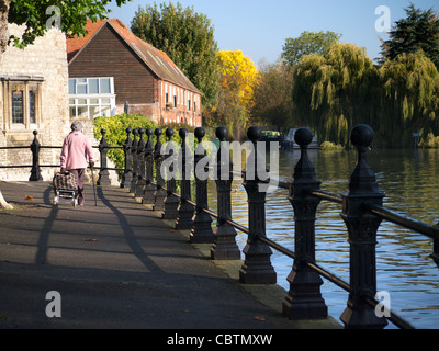 Old woman with shopping trolly, St Helen's Wharf Abingdon Stock Photo