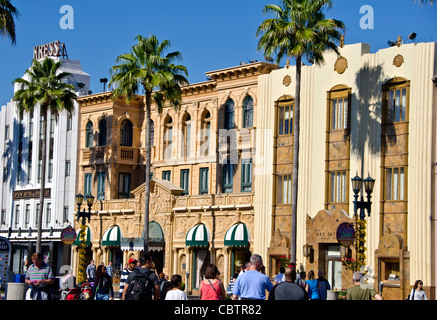 Hollywood Boulevard buildings  and  tourists at Universal Studios Orlando Florida Stock Photo
