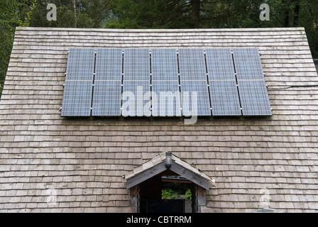 Solar Panels on Wooden Roof, Sustainable Building, Centre for Alternative Technology, Machynlleth, Powys, Wales, UK Stock Photo