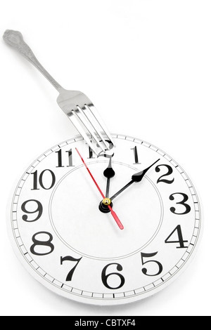 fork and wall clock with white background, concept of lunch time Stock Photo