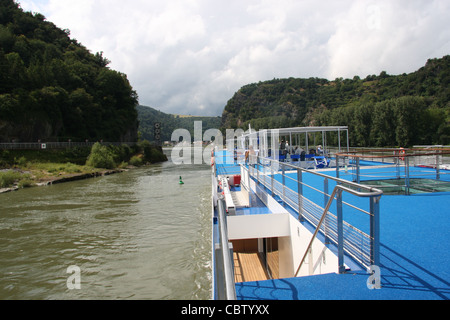 A river cruise boat anchored at the Lorelei on the Rhine River, Germany Stock Photo