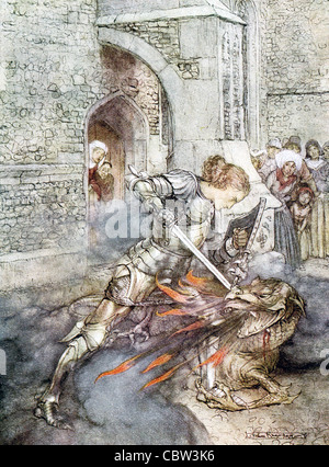 In Arthurian legend, Lancelot (shown here) and Tristan are both knights of the Round Table and dragon slayers. Stock Photo