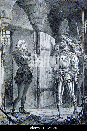 Christopher Columbus Arrest and Imprisonment After his Third Voyage. Vintage Illustration or Engraving Stock Photo