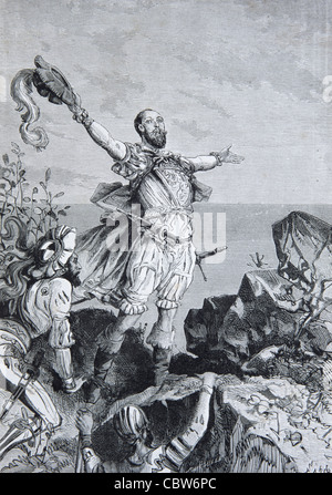 Vasco Nunez de Balboa (1475-1519) Spanish Explorer, Governor & Conquistador at Pacific Ocean. Established Settlement at Panama. Vintage Illustration or Engraving Stock Photo