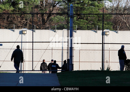 Prisoners in the yard at the medium security prison, Massachusetts Correctional Institute, Norfolk, Massachusetts Stock Photo