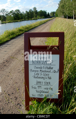 Sign of a cafe on the tow path along Göta Kanal between Riksberg and Hajstorp in central Sweden Stock Photo