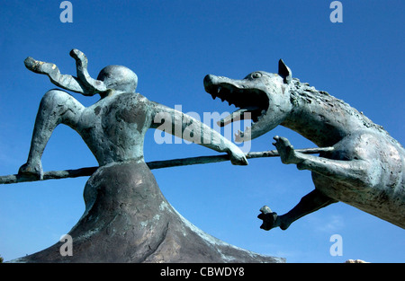 Sculpture of Beast of Gevaudan werewolf or wolf at Auvers, Haute Loire, Auvergne, France, Europe Stock Photo
