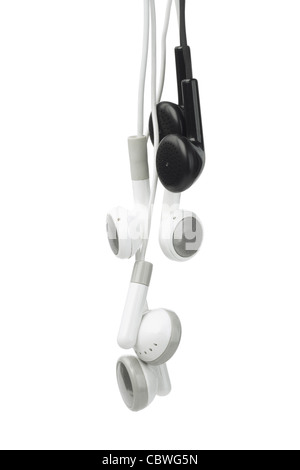 Black and White Audio Earphones on Isolated Background Stock Photo