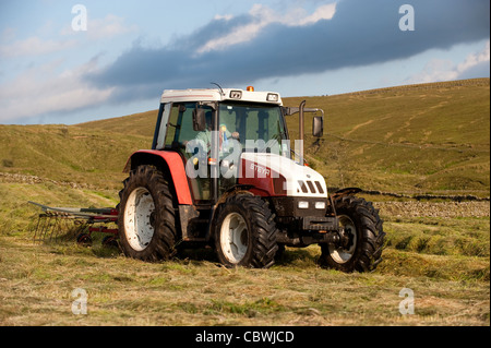 Rowing up grass with a Styer 9078, on a hill farm to make big bale silage Stock Photo