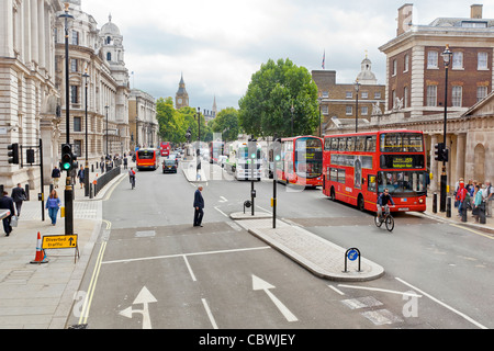 Riding on a double decker bus in Central London on Whitehall Street. Stock Photo