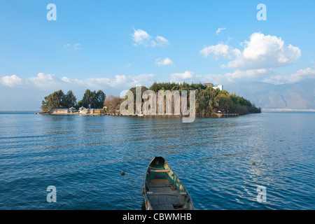 Lake landscape with boat foreground in Dali, Yunnan province of China Stock Photo