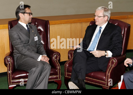 Australian Foreign Minister Kevin Rudd with Indonesian Foreign Minister Dr Marty Natalegawa during a bilateral meeting at UN HQ. Stock Photo