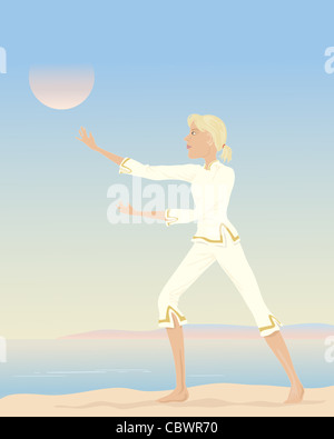 an illustration of a woman practicing tai chi with a seascape background Stock Photo