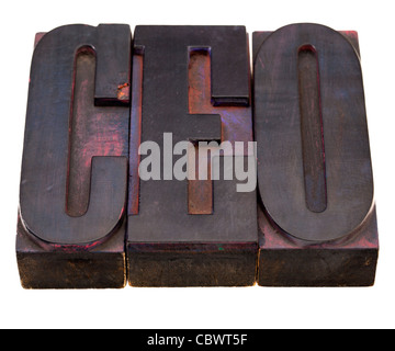 chief executive officer (CEO) acronym in antique wooden letterpress printing blocks, stained by color inks, isolated on white Stock Photo