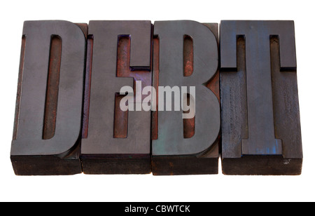 debt word in vintage wooden letterpress printing blocks, stained by color inks, isolated on white Stock Photo