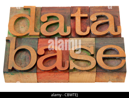 database word in vintage wooden letterpress printing blocks, stained by color inks, isolated on white Stock Photo