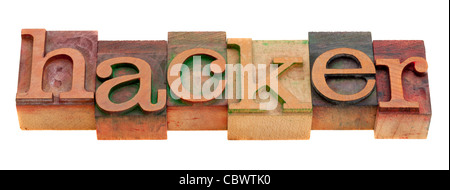 hacker word in vintage wooden letterpress printing blocks isolated on white Stock Photo