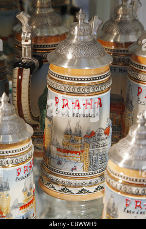 Souvenir beer mugs, Prague, Czech Republic Stock Photo