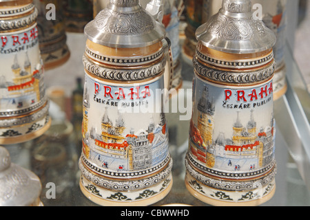 Souvenir beer mugs, Prague, Czech Republic Stock Photo