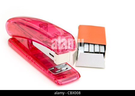 Pink stapler isolated on white Stock Photo