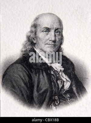 Portrait of Benjamin Franklin (1706-1790), one of Founding Fathers of the United States. American printer, author & politician. Vintage Illustration or Engraving Stock Photo