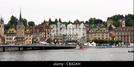 Panoramic View of the Old Town of Lucerne across River Reuss, Switzerland Stock Photo