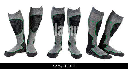 A collage of three pairs of gray ski socks. The image is composed of several images. Stock Photo