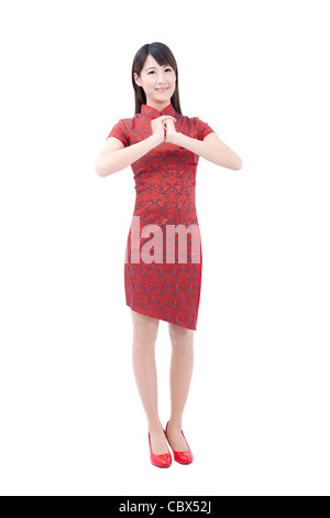 happy chinese new year.young asian woman with gesture of congratulation Stock Photo