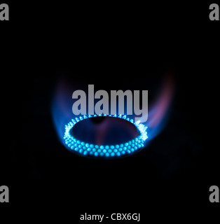 Blue flames from gas burner Stock Photo