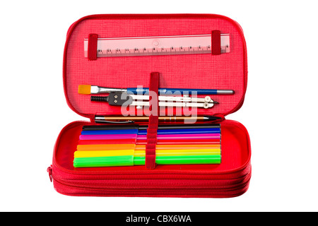 Writing and drawing tools in a pencil box for school, office and home. Stock Photo