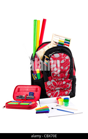 Nice decorative backpack or bookbag with school supplies isolated on white background Stock Photo