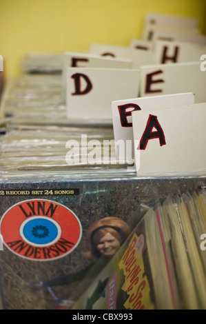 Vinyl LP record albums for sale in secondhand shop Hay-on-Wye Powys Wales UK Stock Photo