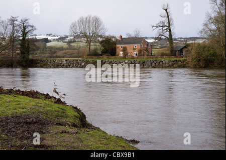 Idyllic Nethouse Cottage on the banks of the River Wye in flood near Hay-on-Wye Powys Wales UK Stock Photo