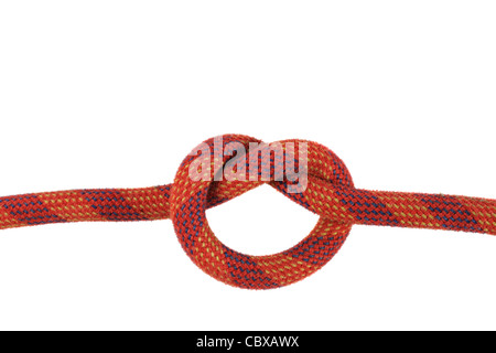 overhand or thumb knot in red climbing rope isolated on white Stock Photo